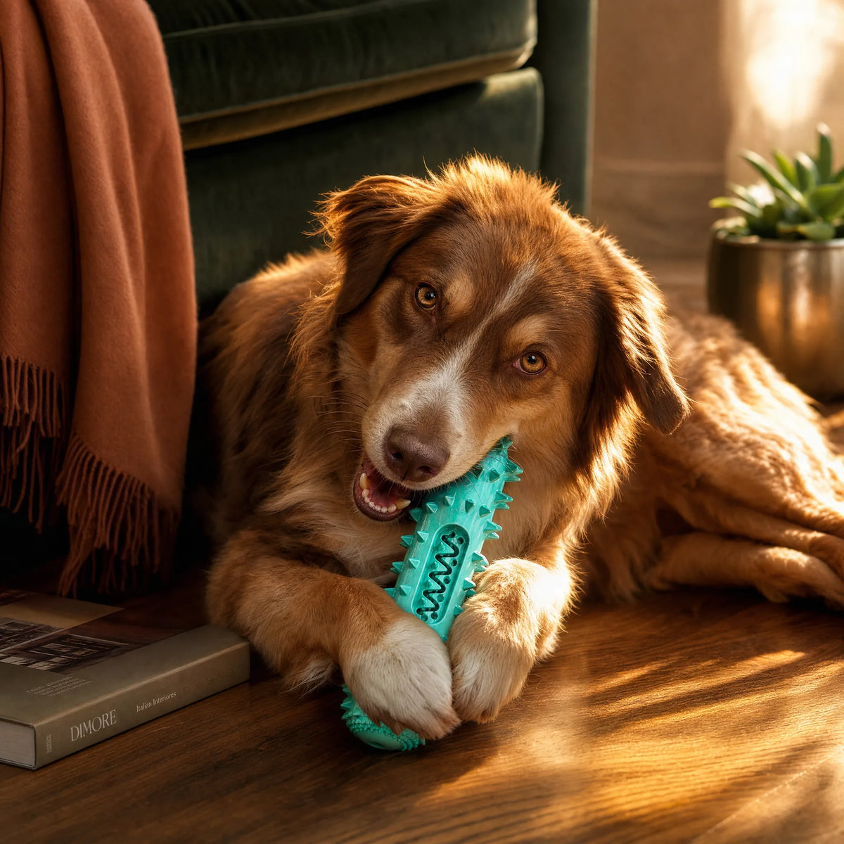 Cane tiene tra le zampe lo spazzolino dentale per cani