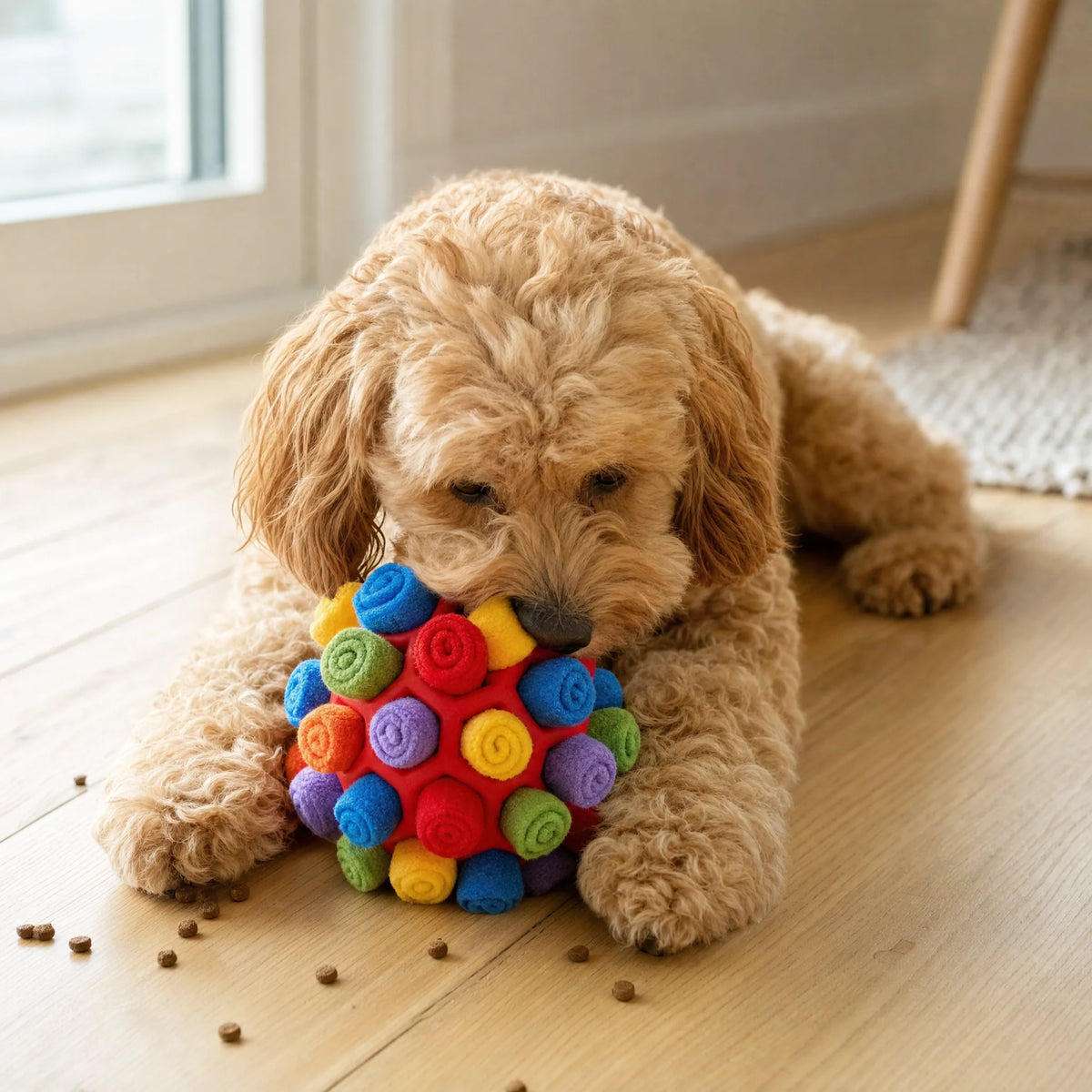 Cucciolo che tiene tra le zampe la SniffBall e fruga col naso tra i petali di pile per trovare le crocchette, gioco olfattivo in casa
