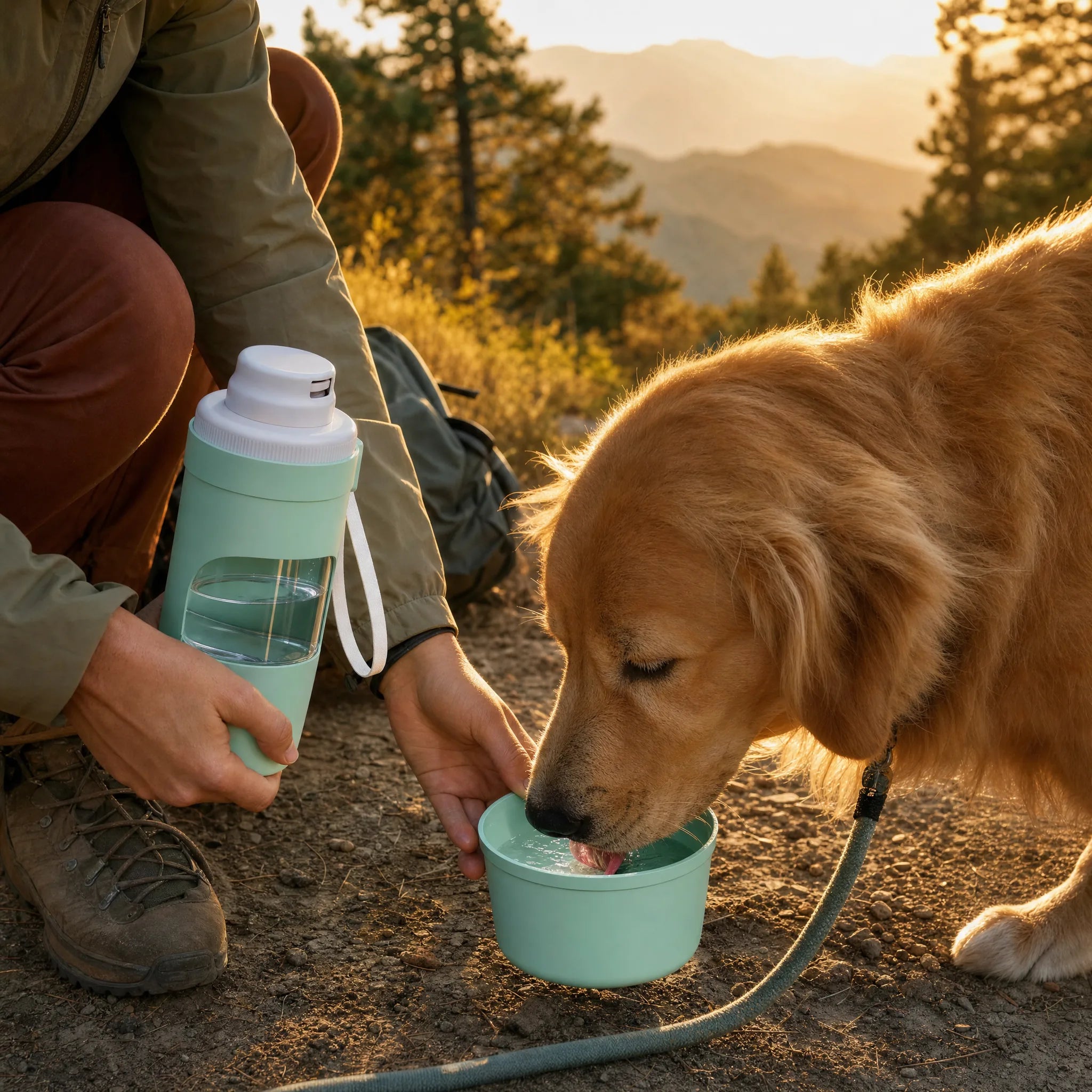 Borraccia da viaggio per cani usata in escursione in montagna, cane che beve dalla ciotola
