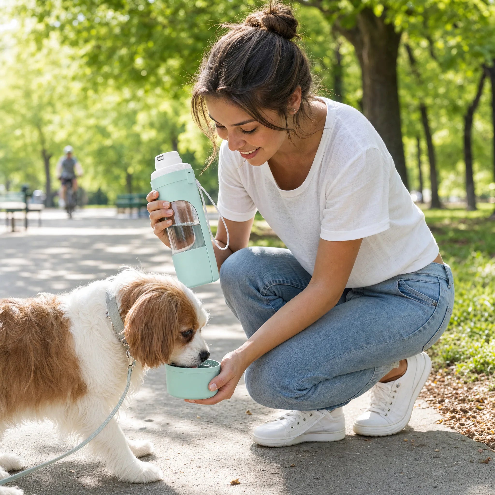 Borraccia per cani da viaggio durante una passeggiata al parco, cane che beve