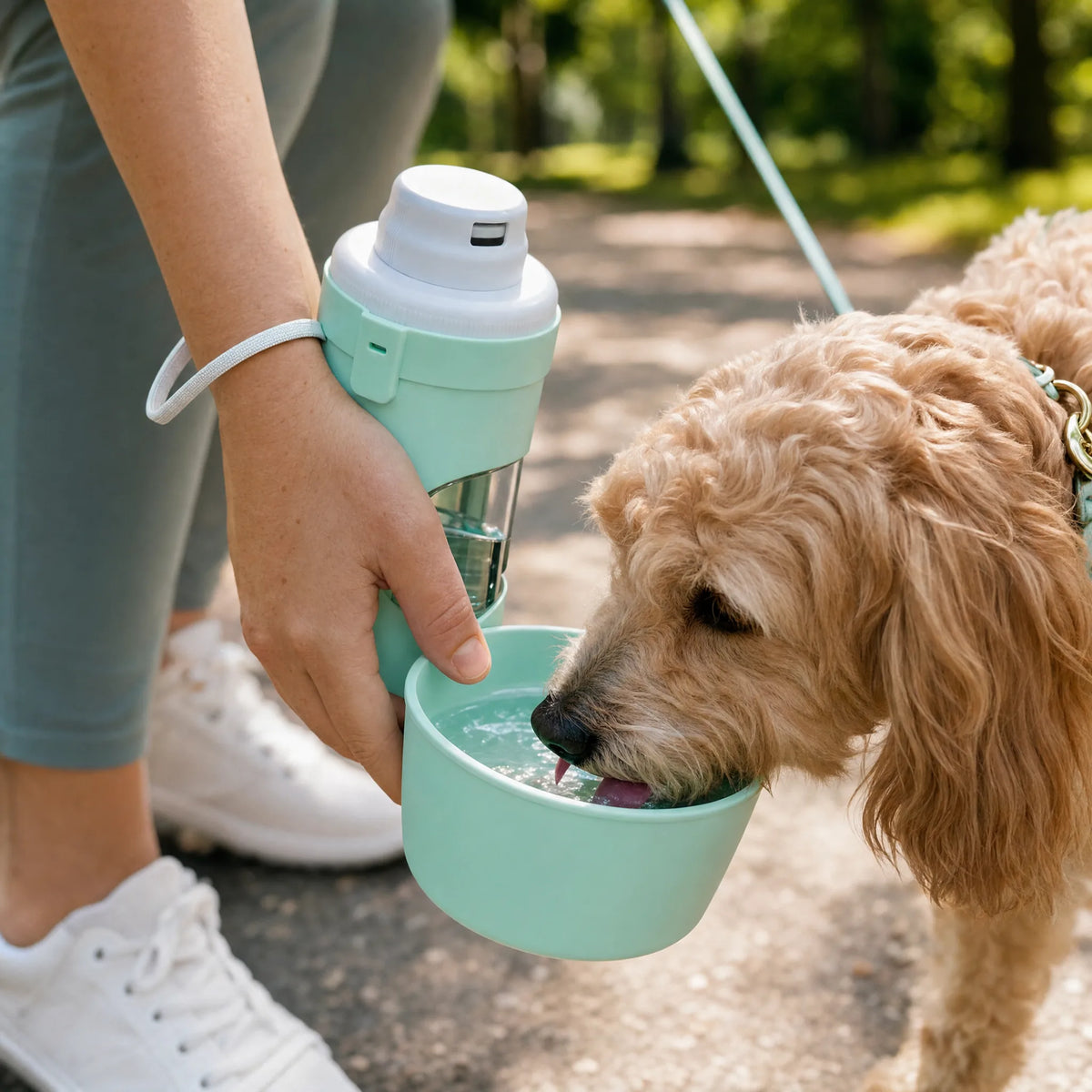 Cane che beve dalla borraccia da viaggio Felici Insieme durante una passeggiata