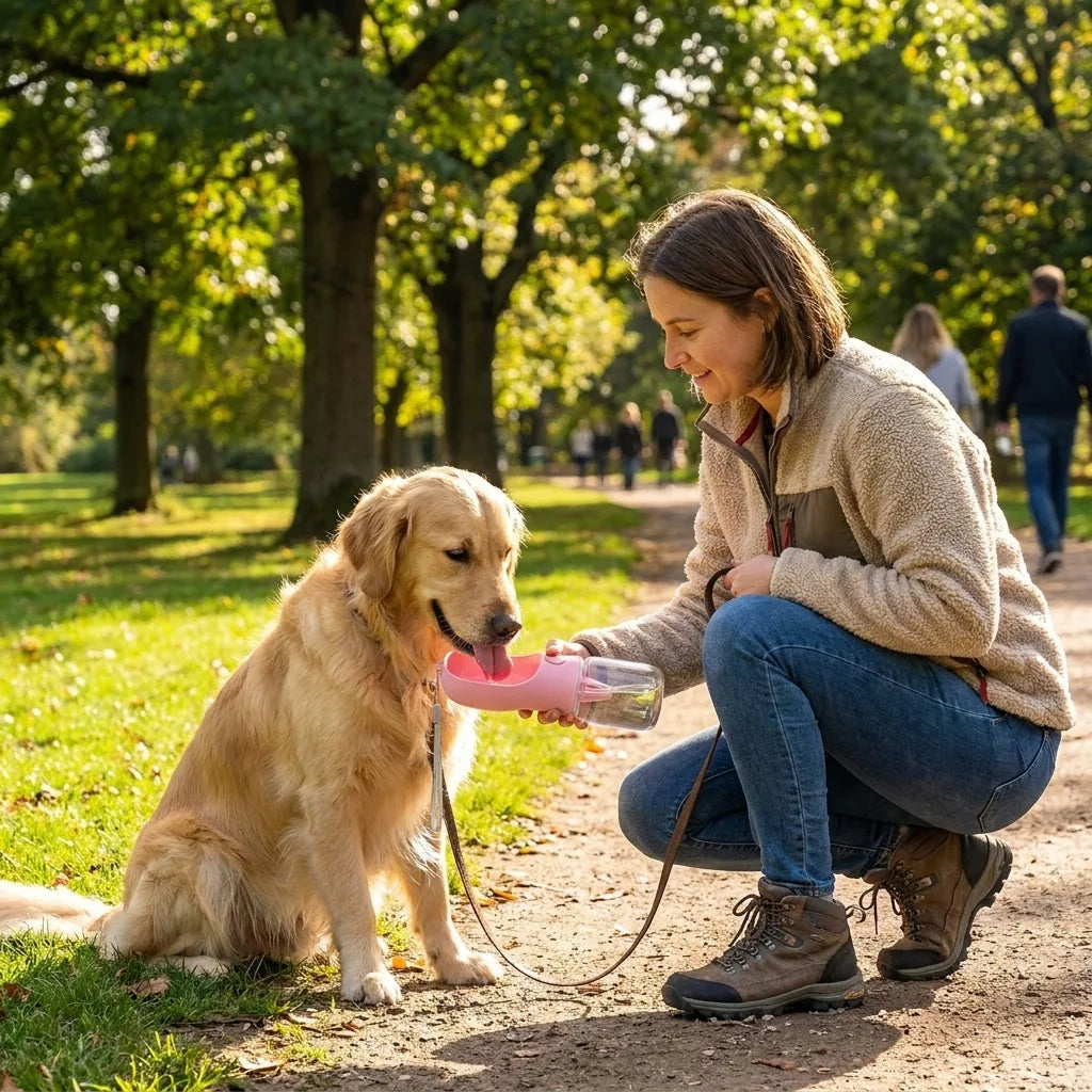 Donna dà da bere al cane con ciotola portatile durante passeggiata al parco