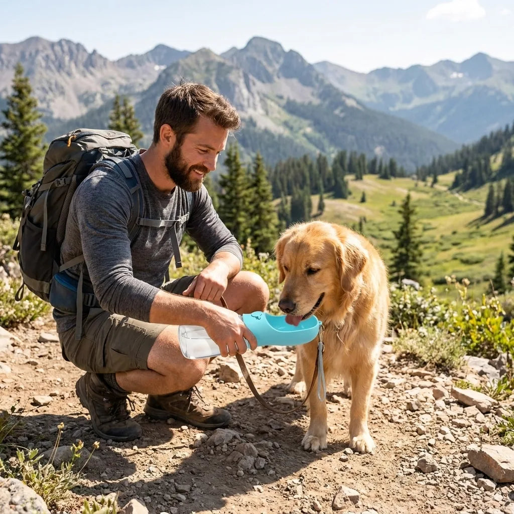 Uomo idrata il cane con ciotola portatile 2in1 durante escursione in montagna