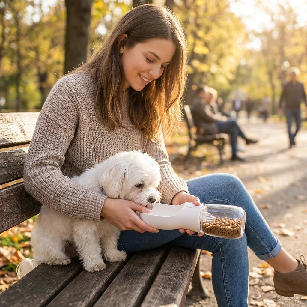 Donna offre acqua e crocchette al cagnolino con ciotola portatile su panchina al parco