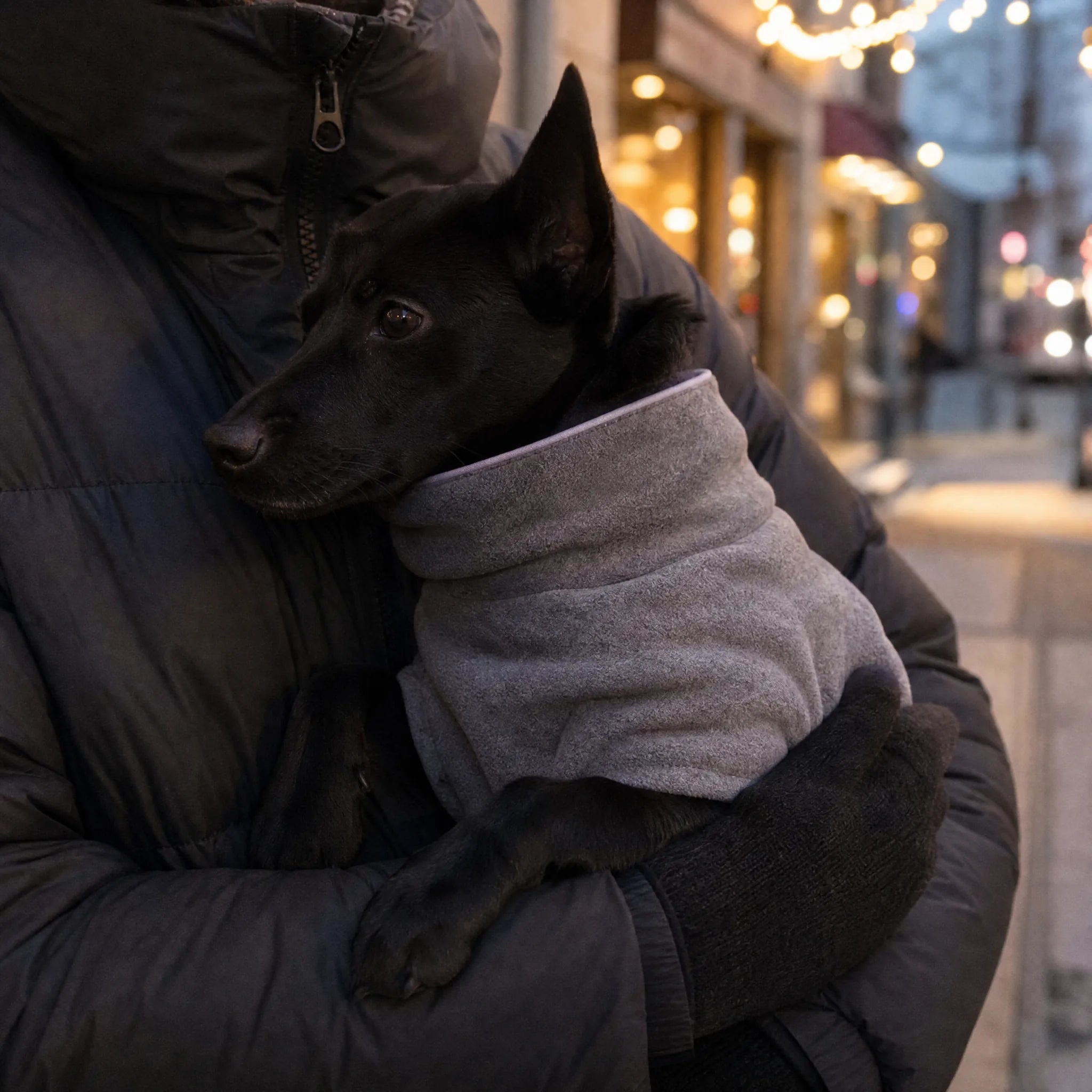 Cane con cappotto invernale in pile grigio tenuto in braccio dal padrone in città di sera con luci calde sullo sfondo