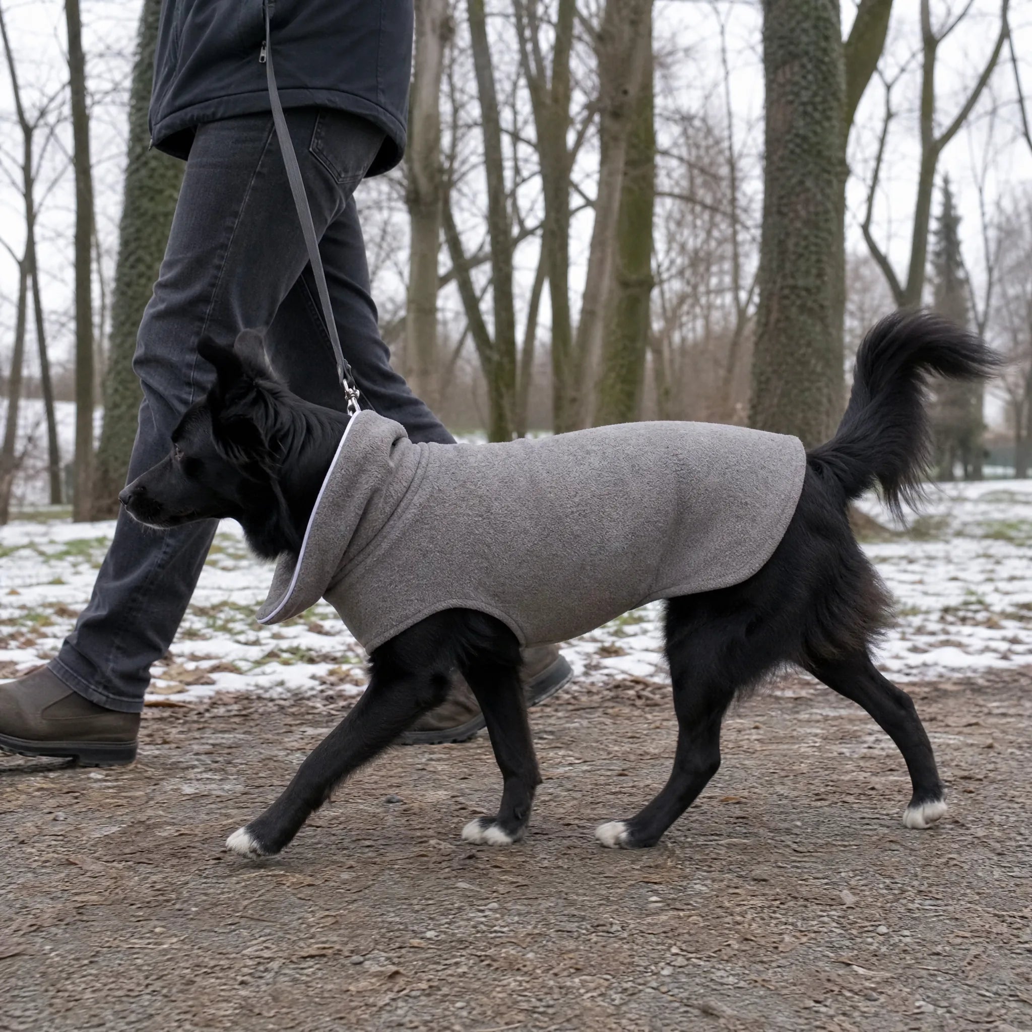 Border Collie con cappotto invernale in pile grigio per cani durante una passeggiata invernale al guinzaglio col padrone in un parco innevato