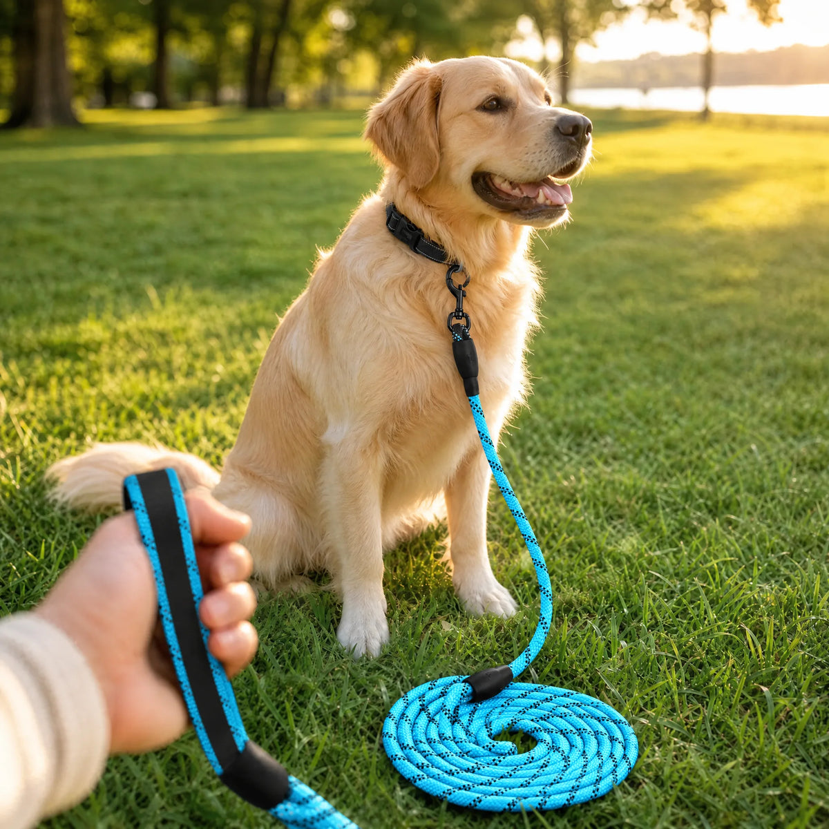 Cane al parco con la lunghina da addestramento blu