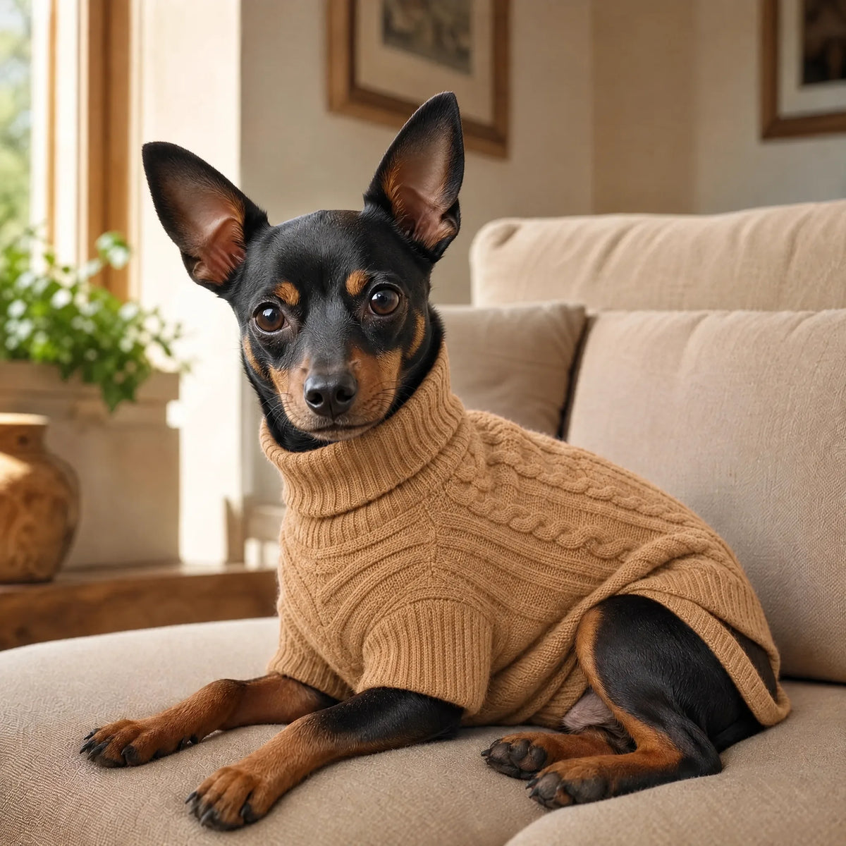 Cane sdraiato sul divano con maglione dolcevita cammello a trecce
