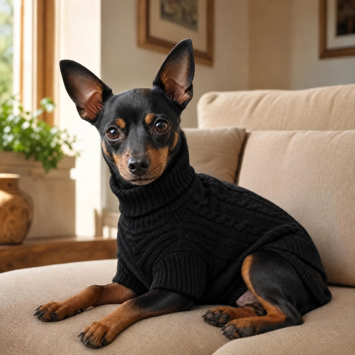 Cane sdraiato sul divano con maglione dolcevita nero a trecce