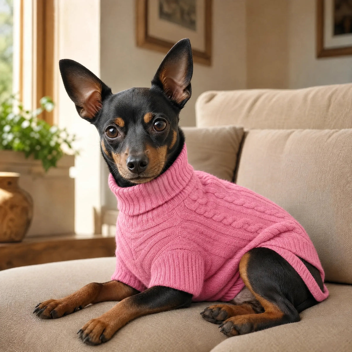 Cane sdraiato sul divano con maglione dolcevita rosa a trecce