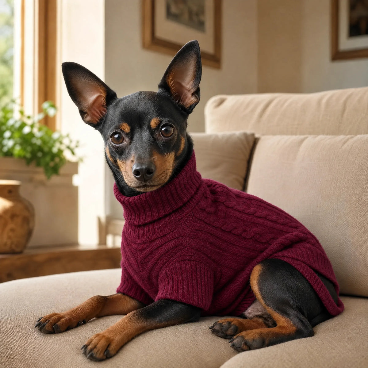Cane sdraiato sul divano con maglione dolcevita rosso bordeaux a trecce