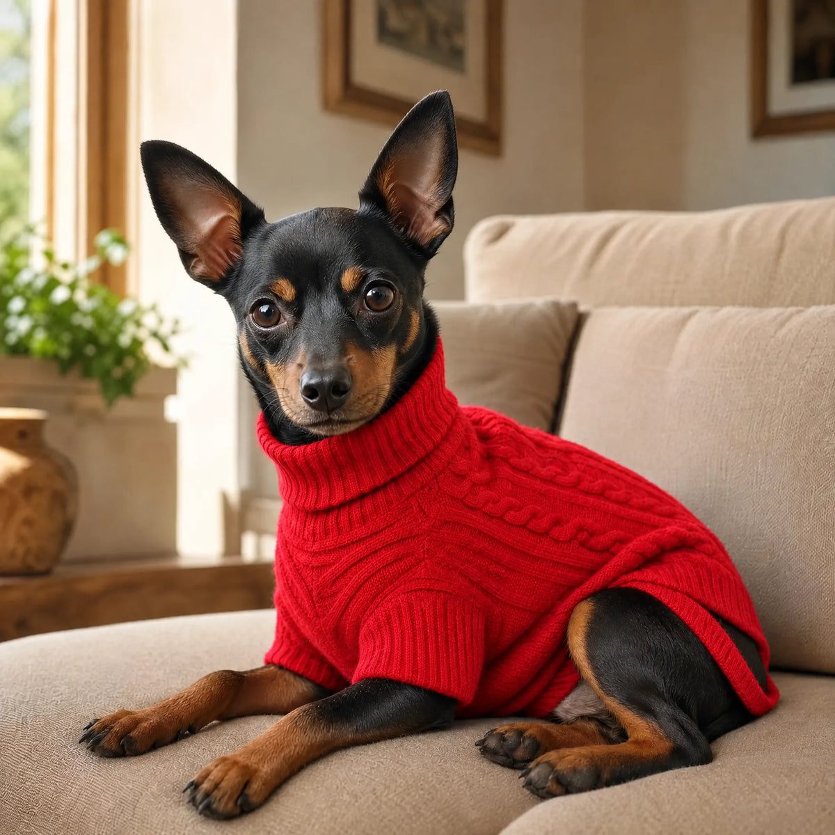 Cane sdraiato sul divano con maglione dolcevita rosso a trecce