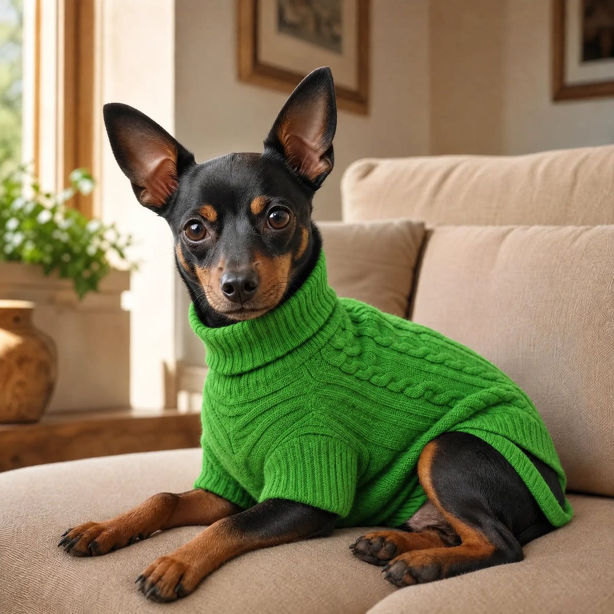 Cane sdraiato sul divano con maglione dolcevita verde erba a trecce