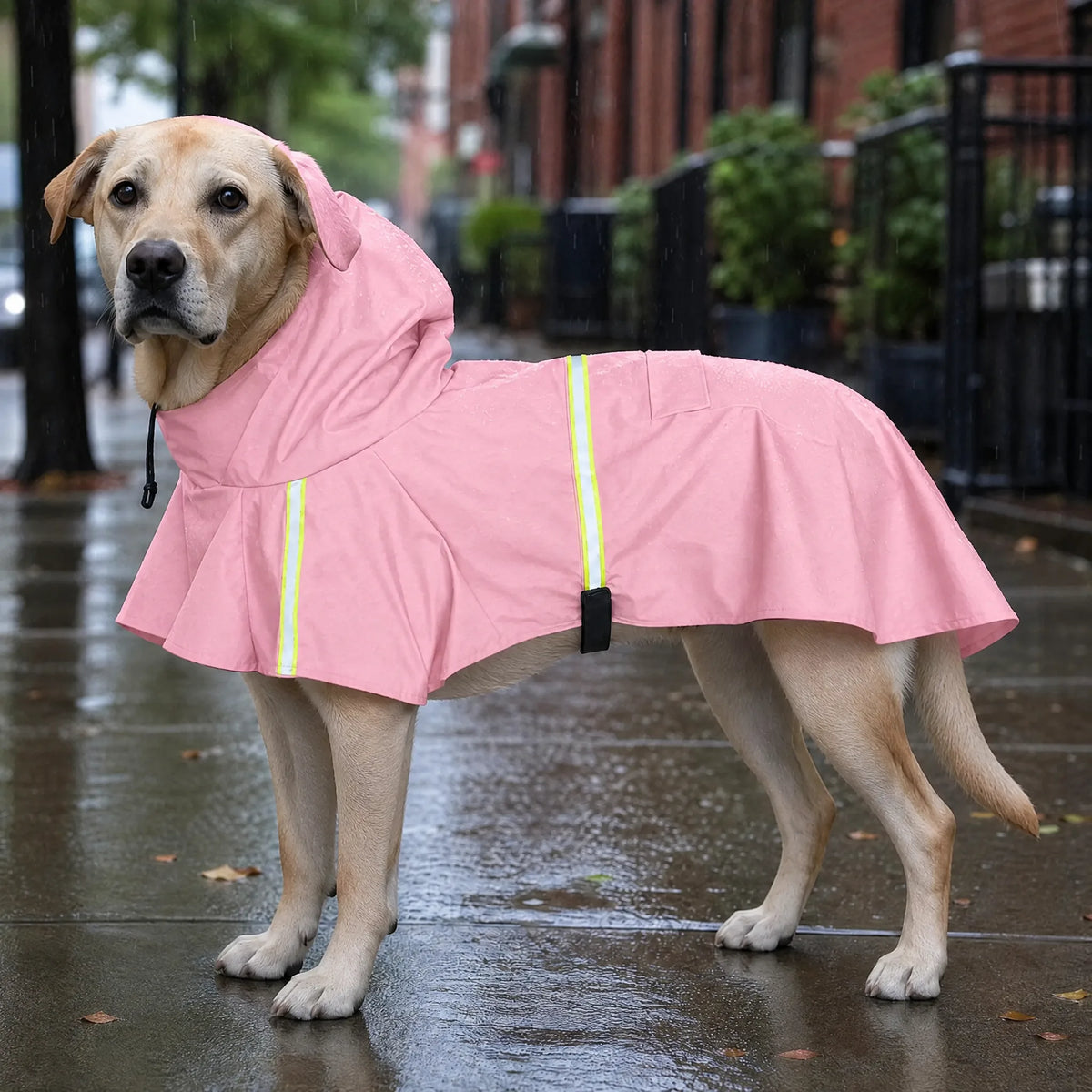 Cane in passeggiata sotto la pioggia con la mantella impermeabile rosa