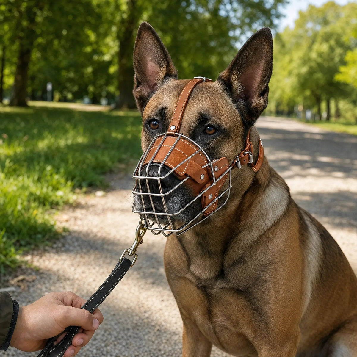 Cane al guinzaglio nel parco con museruola a cestello in pelle marrone