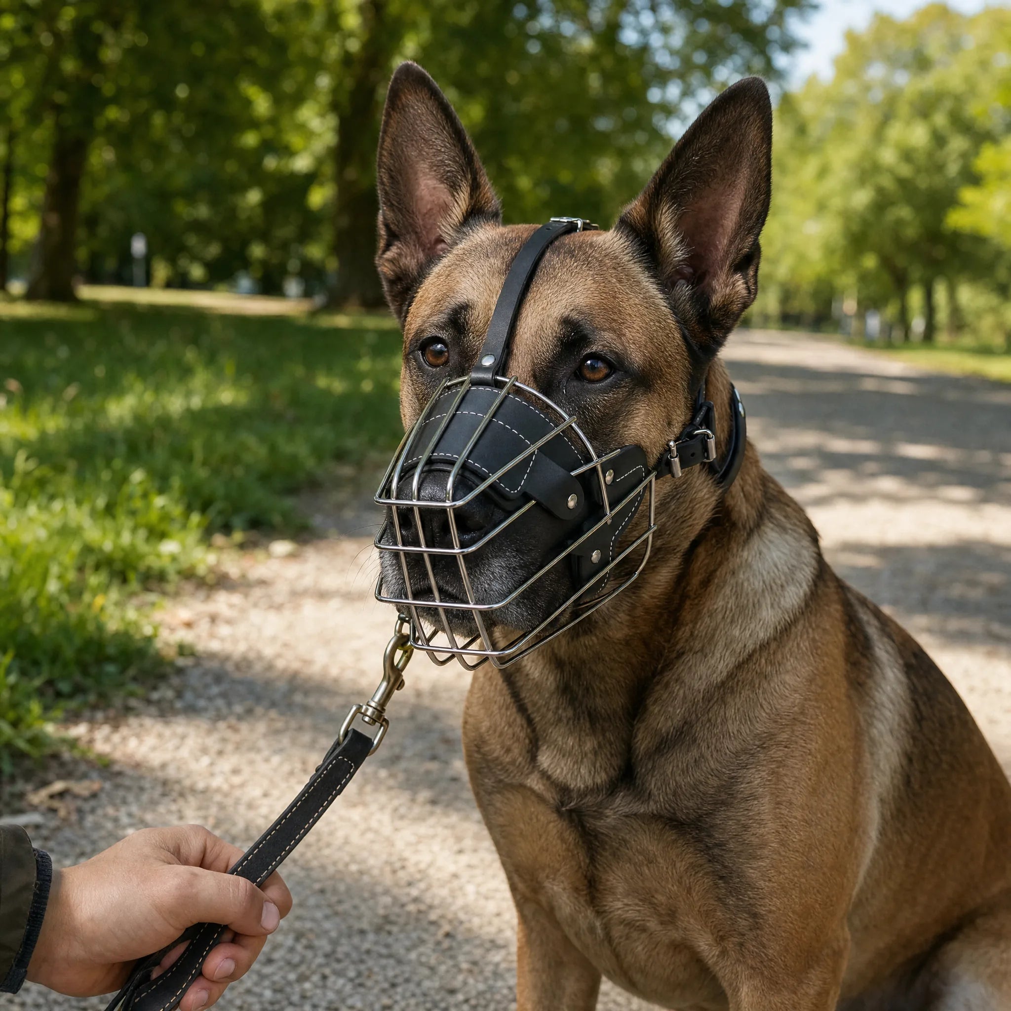 Cane al guinzaglio con museruola a cestello indossata correttamente durante una passeggiata serena nel parco