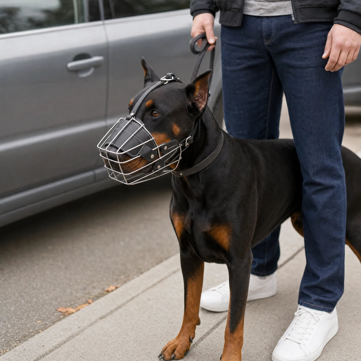 Cane con museruola a cestello accanto al proprietario durante un uscita quotidiana in auto