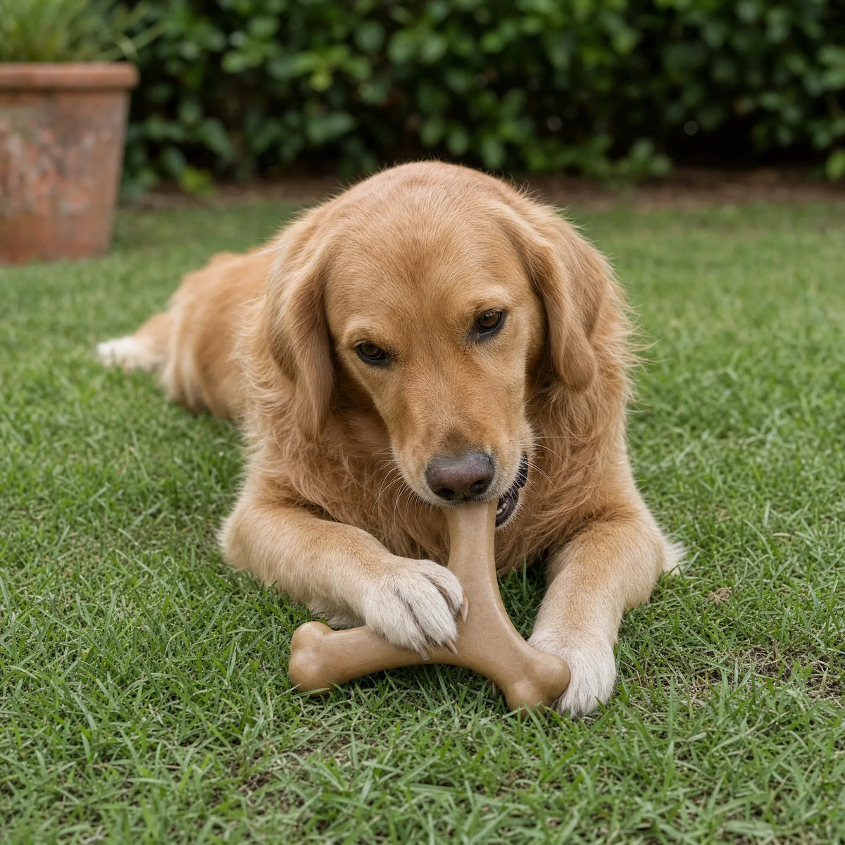 Golden Retriever sdraiato in giardino mastica con calma l'osso masticabile a V per cani