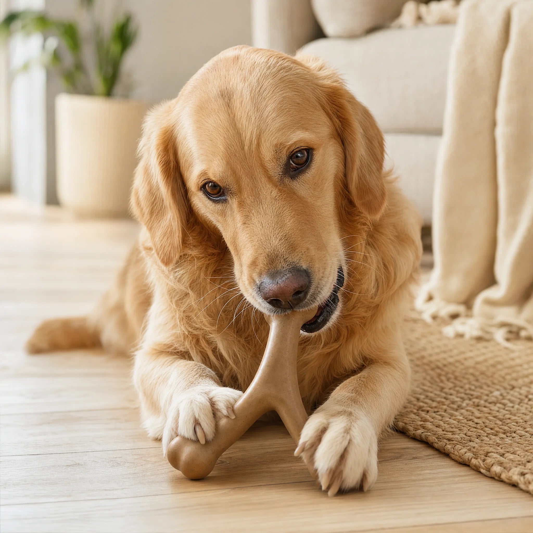 Golden Retriever sdraiato in salotto mastica con calma un osso masticabile a V per cani