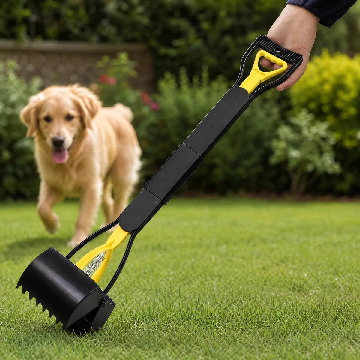 Golden retriever in giardino e paletta raccogli cacca a manico lungo nera e gialla
