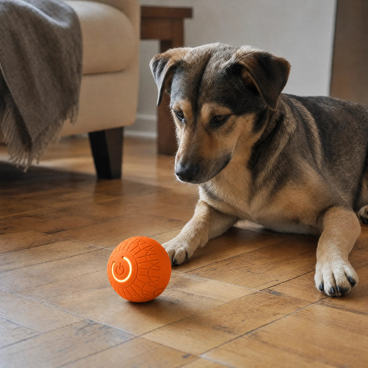 Cane sdraiato osserva la palla interattiva arancione sul pavimento in parquet