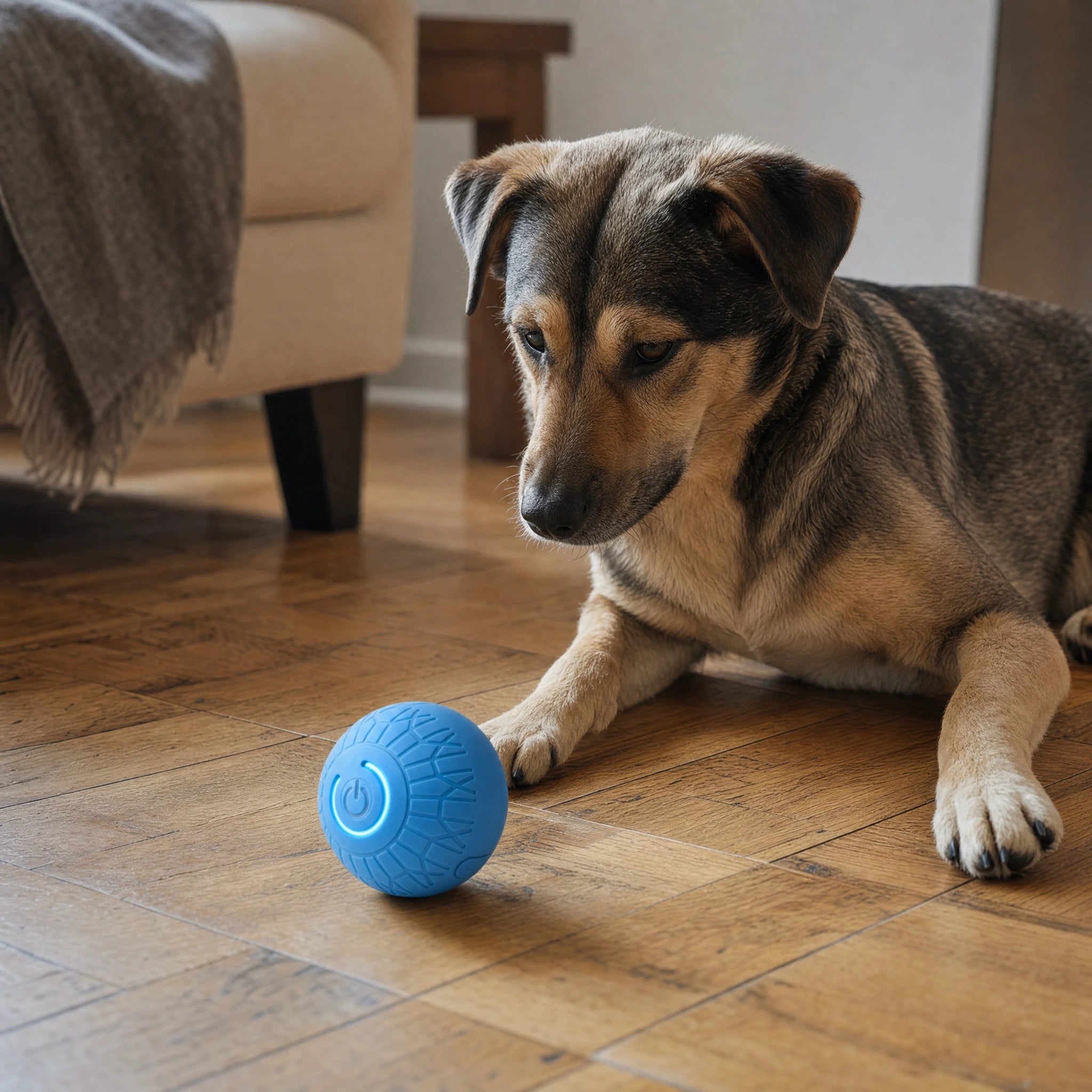 Cane sdraiato osserva incuriosito la palla robotica blu su un pavimento in parquet