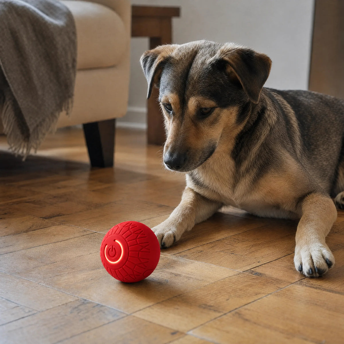 Cane sdraiato osserva la palla interattiva rossa sul pavimento in parquet