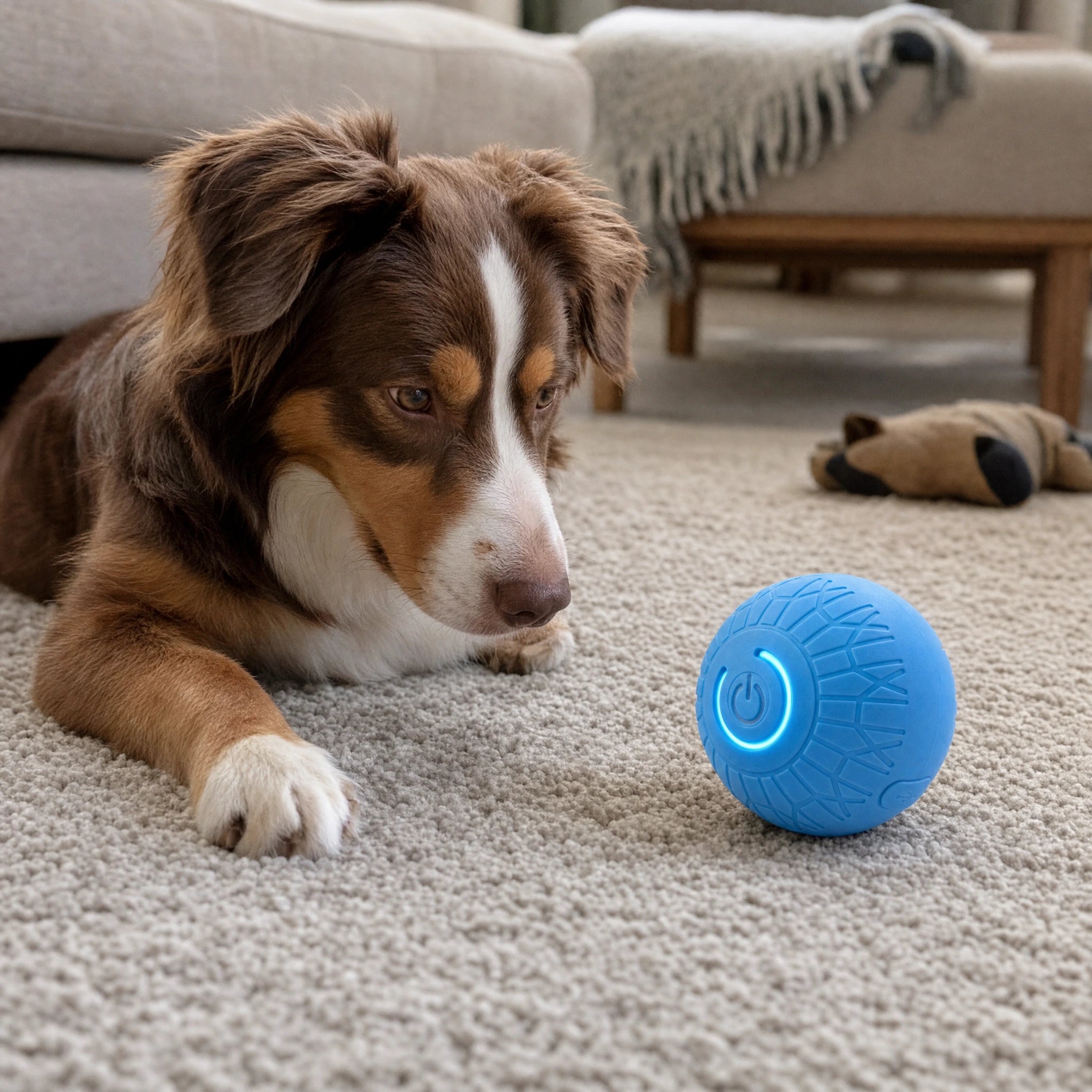 Cane sdraiato su un tappeto morbido osserva la palla robotica blu