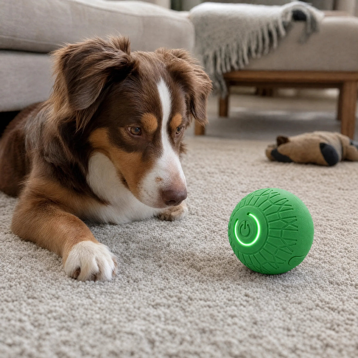 Cane sdraiato sul tappeto osserva la palla interattiva verde