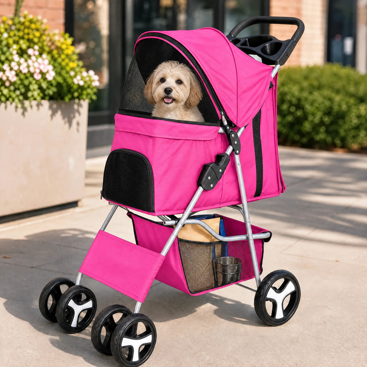 Cane nel passeggino a quattro ruote rosa durante una passeggiata in citta