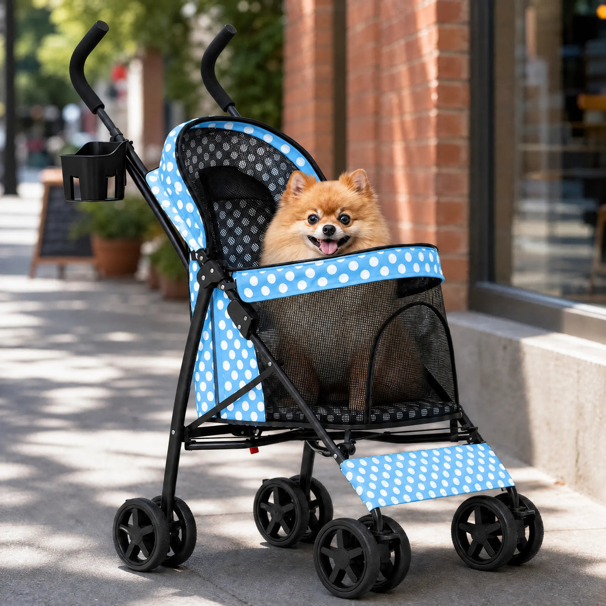 Cane nel passeggino azzurro a pois durante una passeggiata in citta