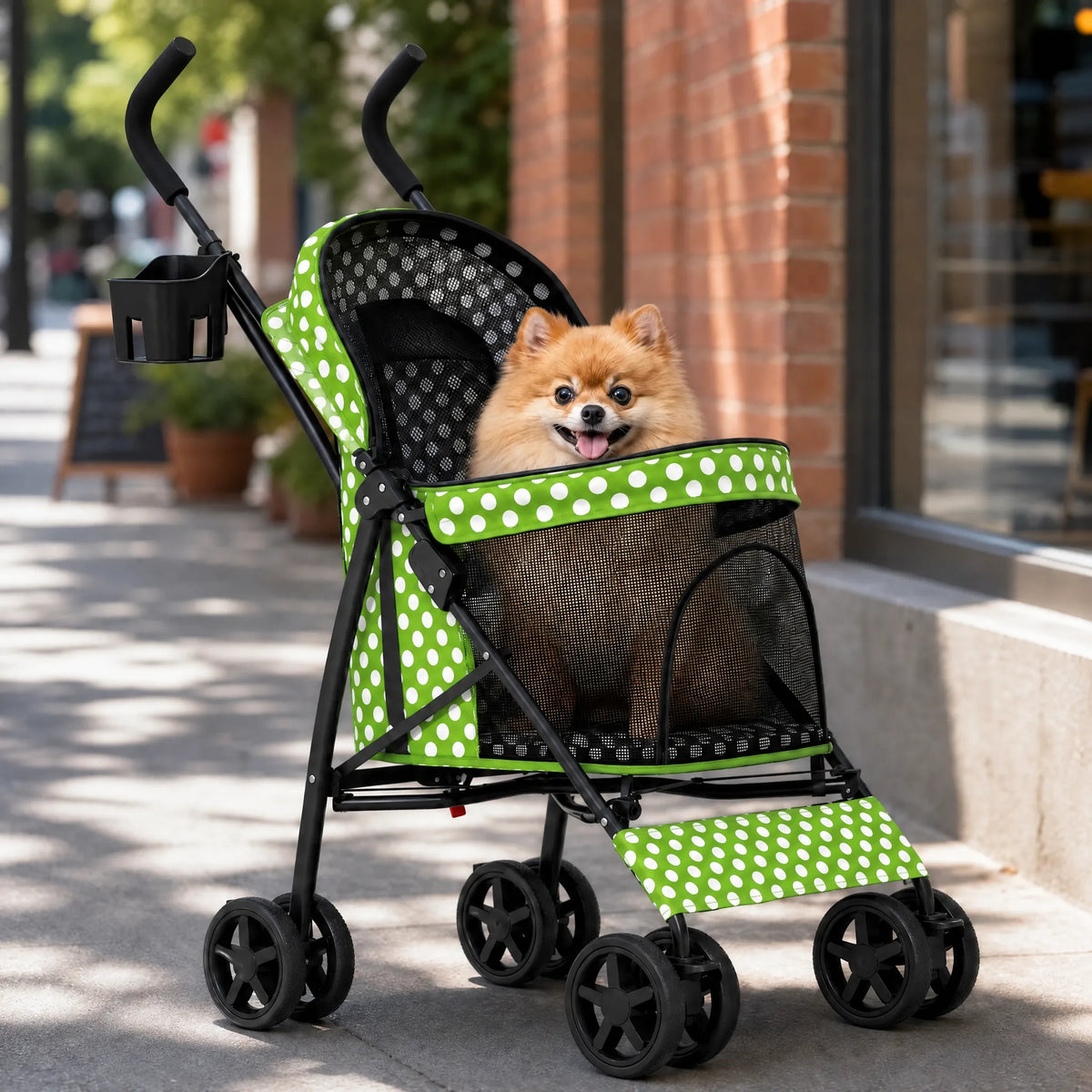 Cane nel passeggino verde a pois durante una passeggiata in citta