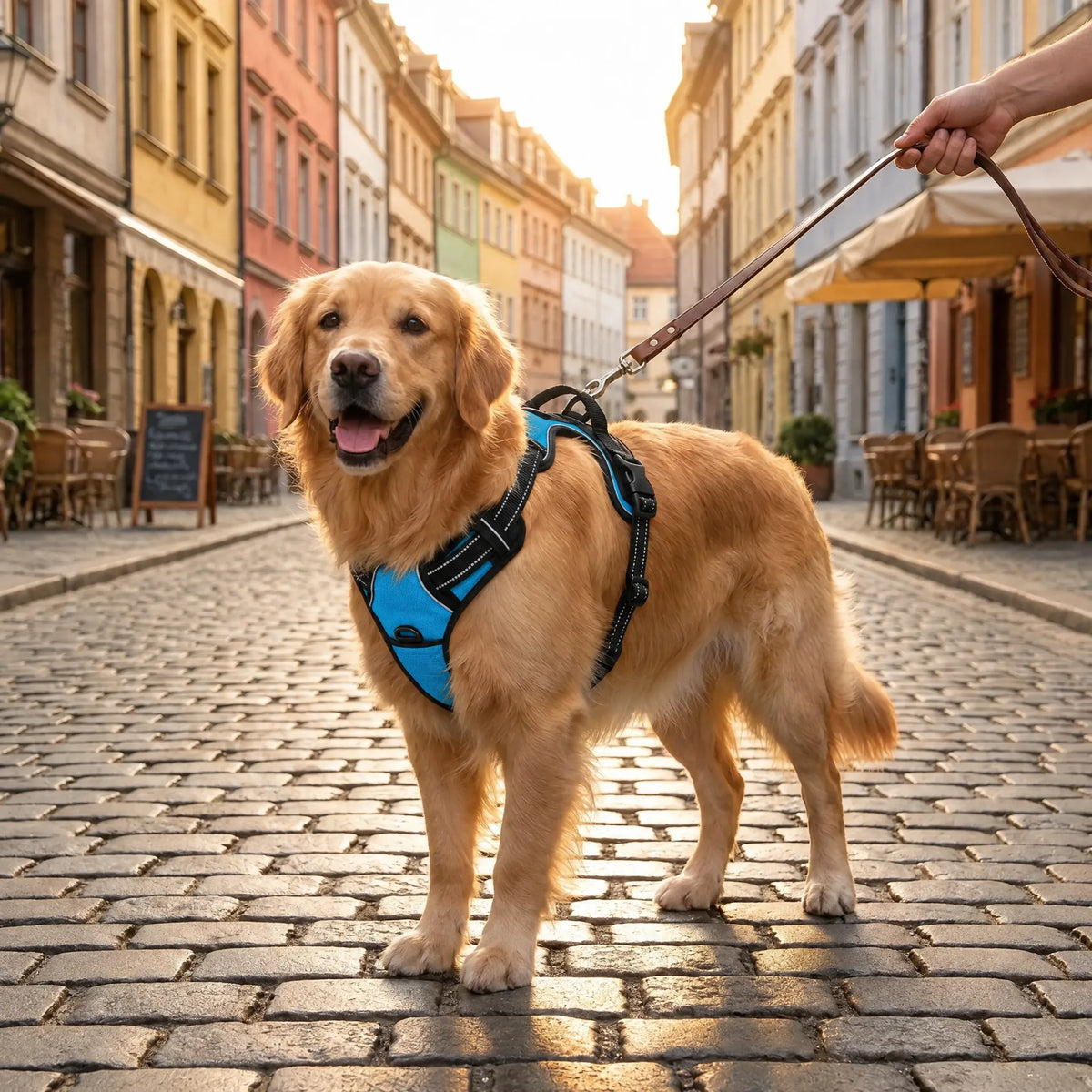 Cane a spasso nel centro storico con la pettorina anti-trazione blu