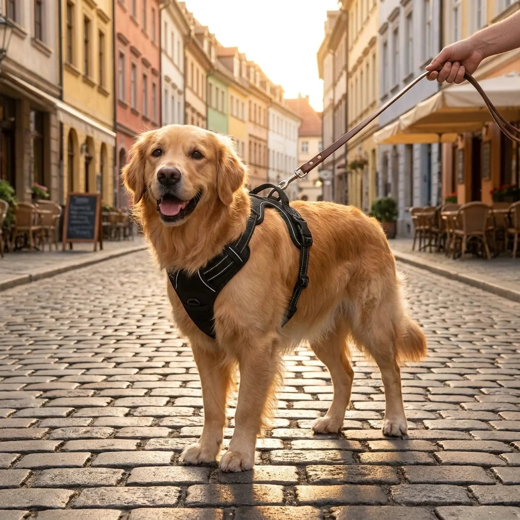 Cane a spasso nel centro storico con pettorina anti-trazione