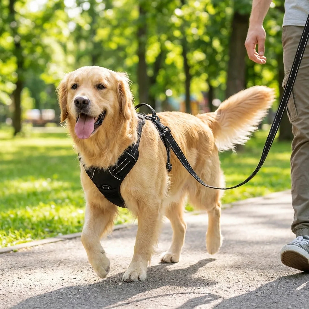 Cane che passeggia nel parco con la pettorina anti-trazione clip frontale