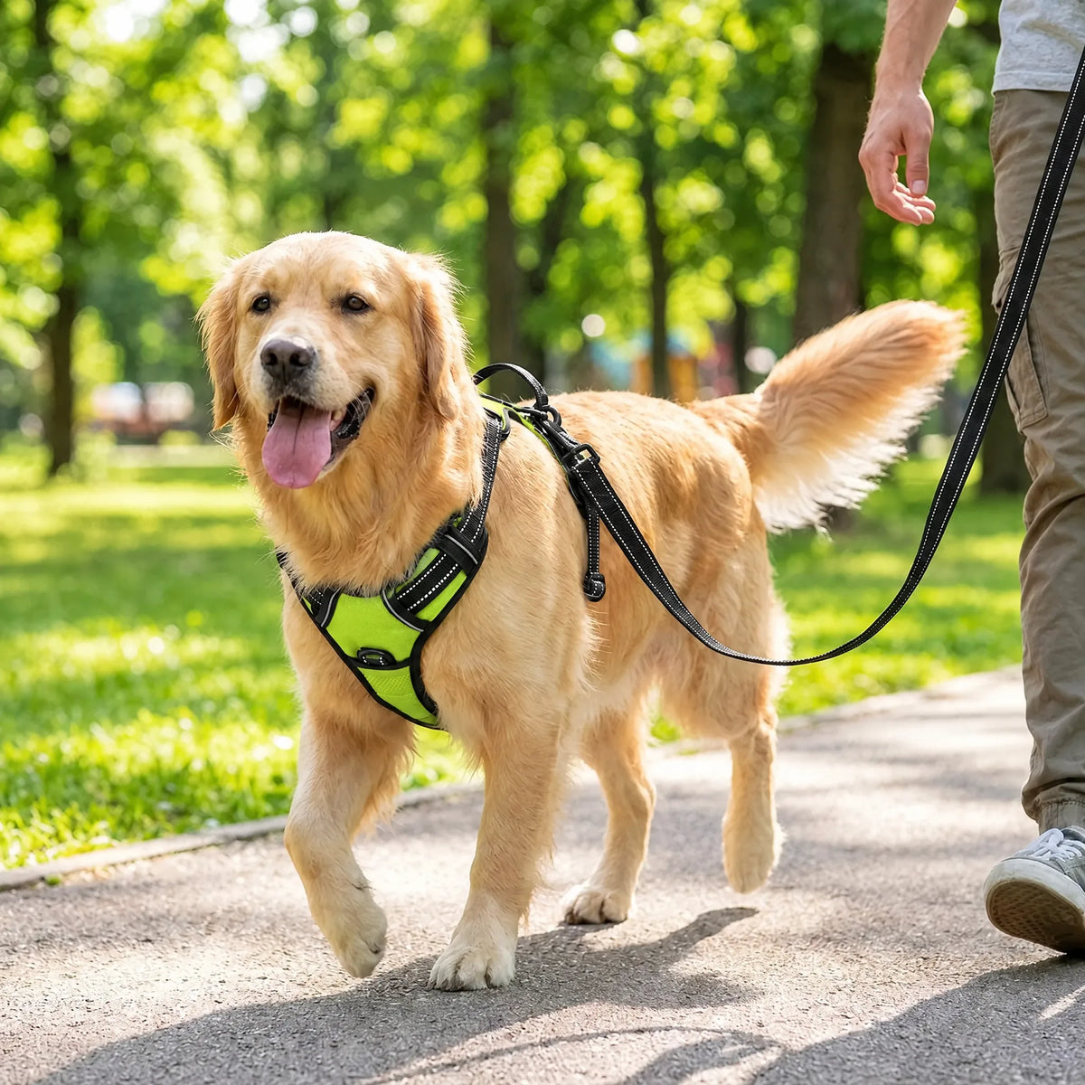 Cane che passeggia nel parco con la pettorina anti-trazione verde