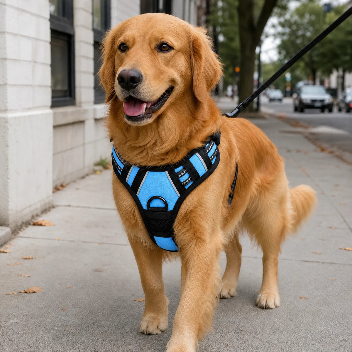 Cane a passeggio in citta con pettorina gilet riflettente azzurra
