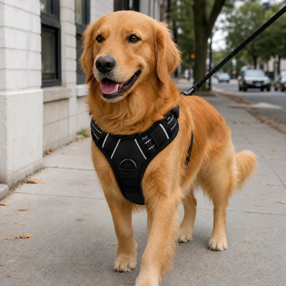 Cane a passeggio in citta con pettorina gilet riflettente nera
