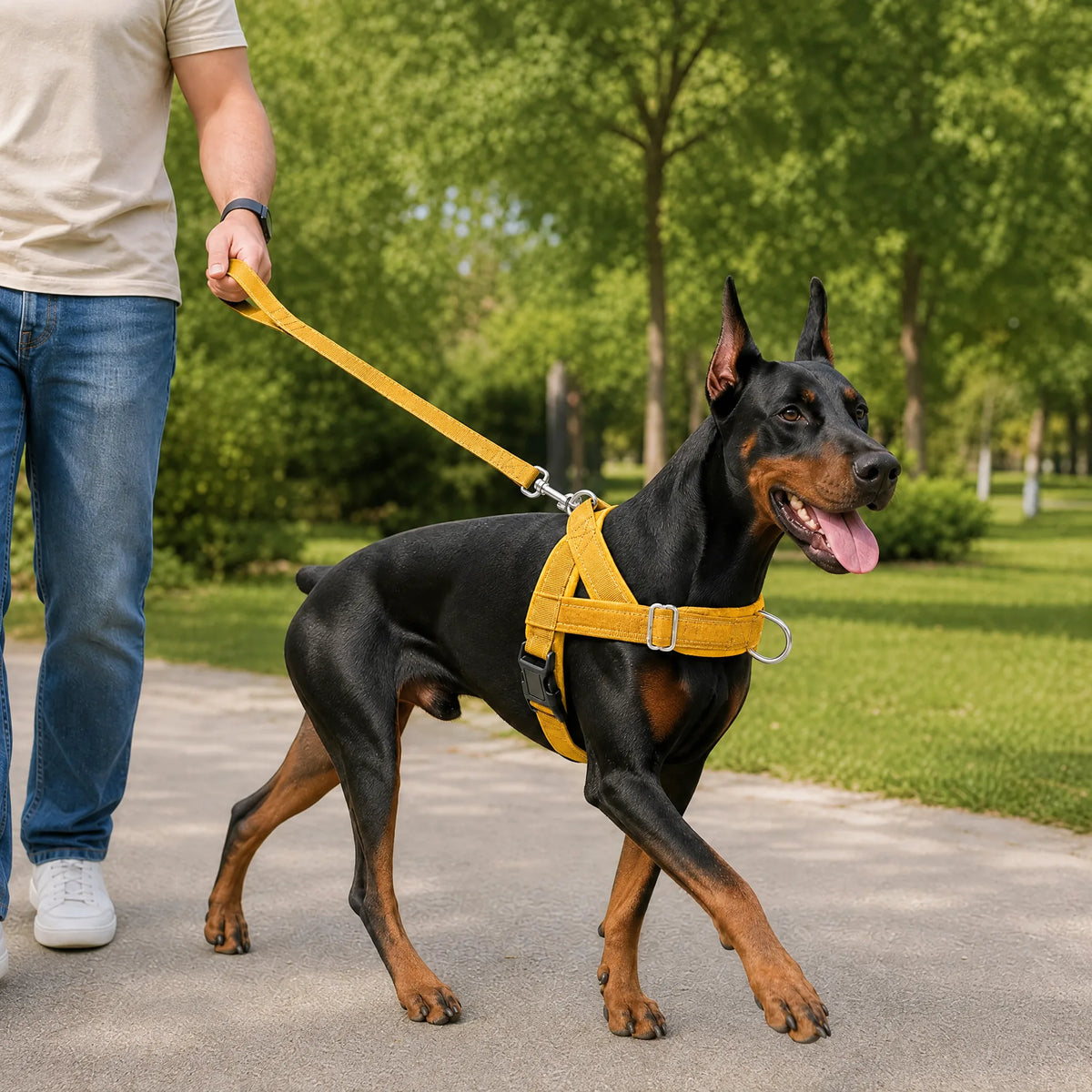 Cane che passeggia al parco con la pettorina e il guinzaglio giallo