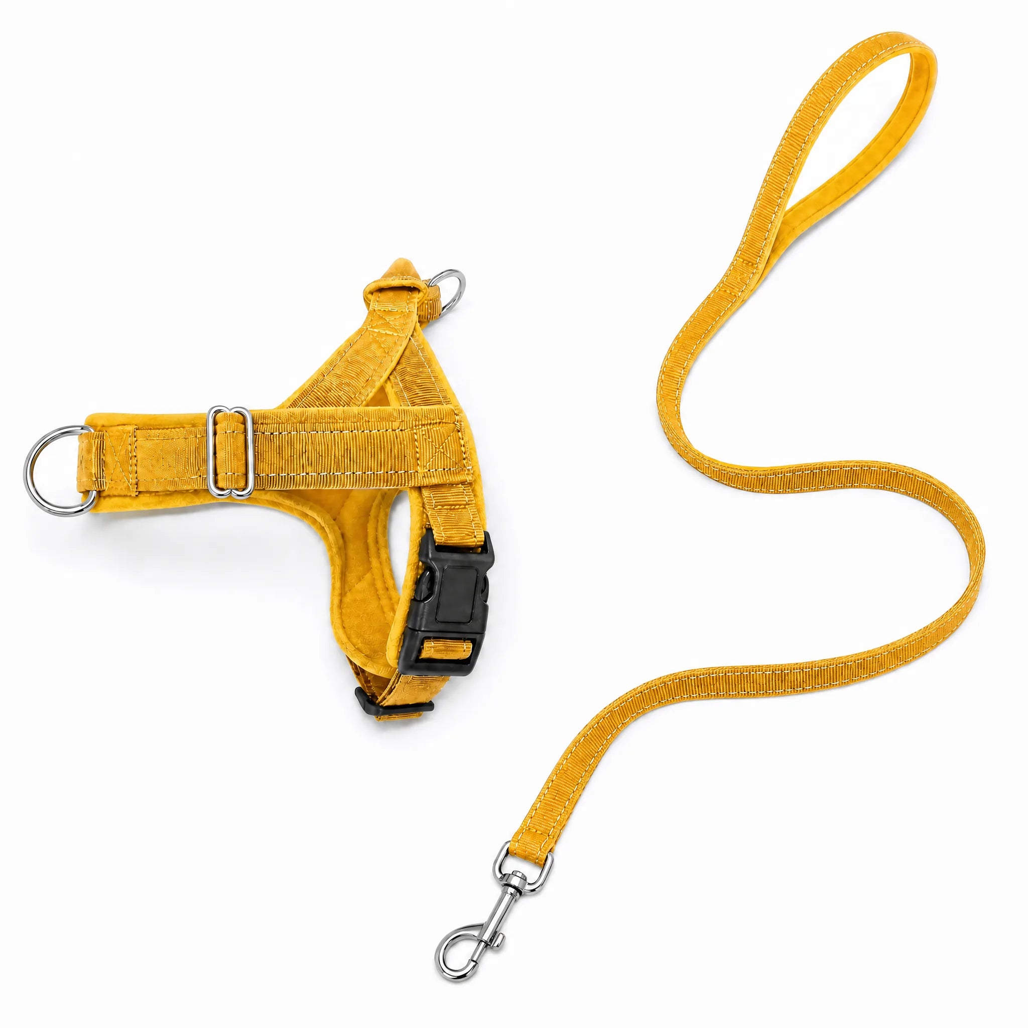 Set pettorina e guinzaglio antitrazione per cani, colore giallo senape, sfondo bianco