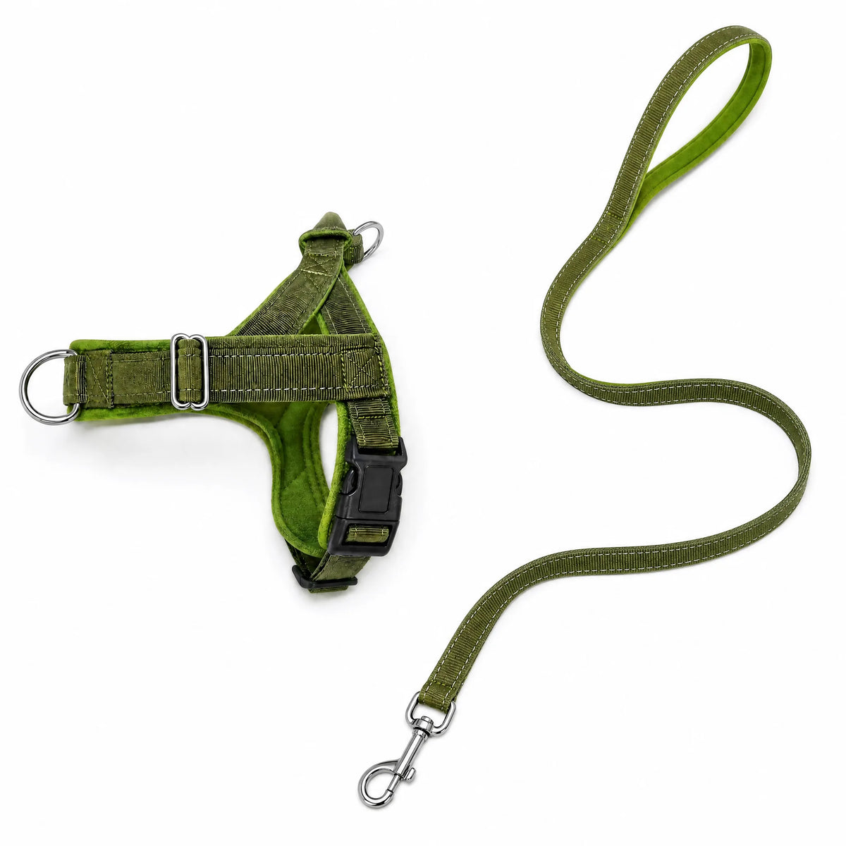 Set pettorina e guinzaglio antitrazione per cani, colore verde militare, sfondo bianco