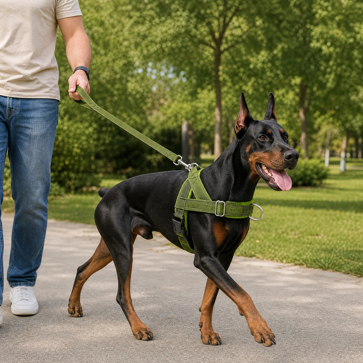 Cane con set pettorina e guinzaglio antitrazione durante una passeggiata al parco