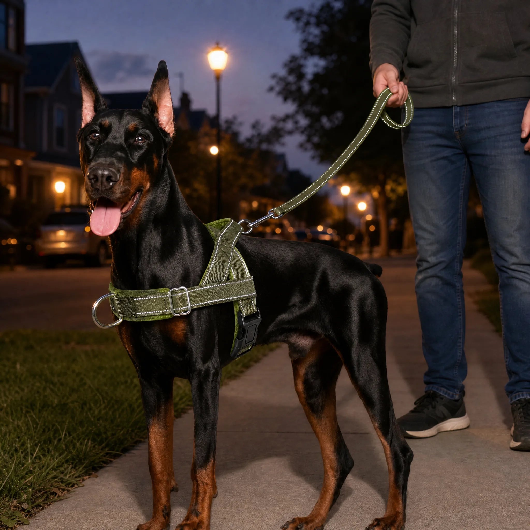 Cane con pettorina e guinzaglio riflettenti durante una passeggiata serale