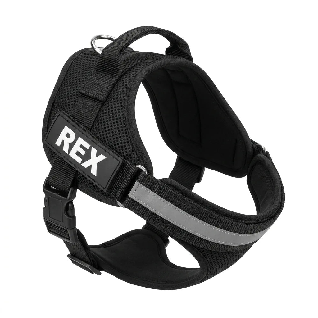 Pettorina personalizzata per cani con nome ricamato anti-trazione, colore nero, sfondo bianco