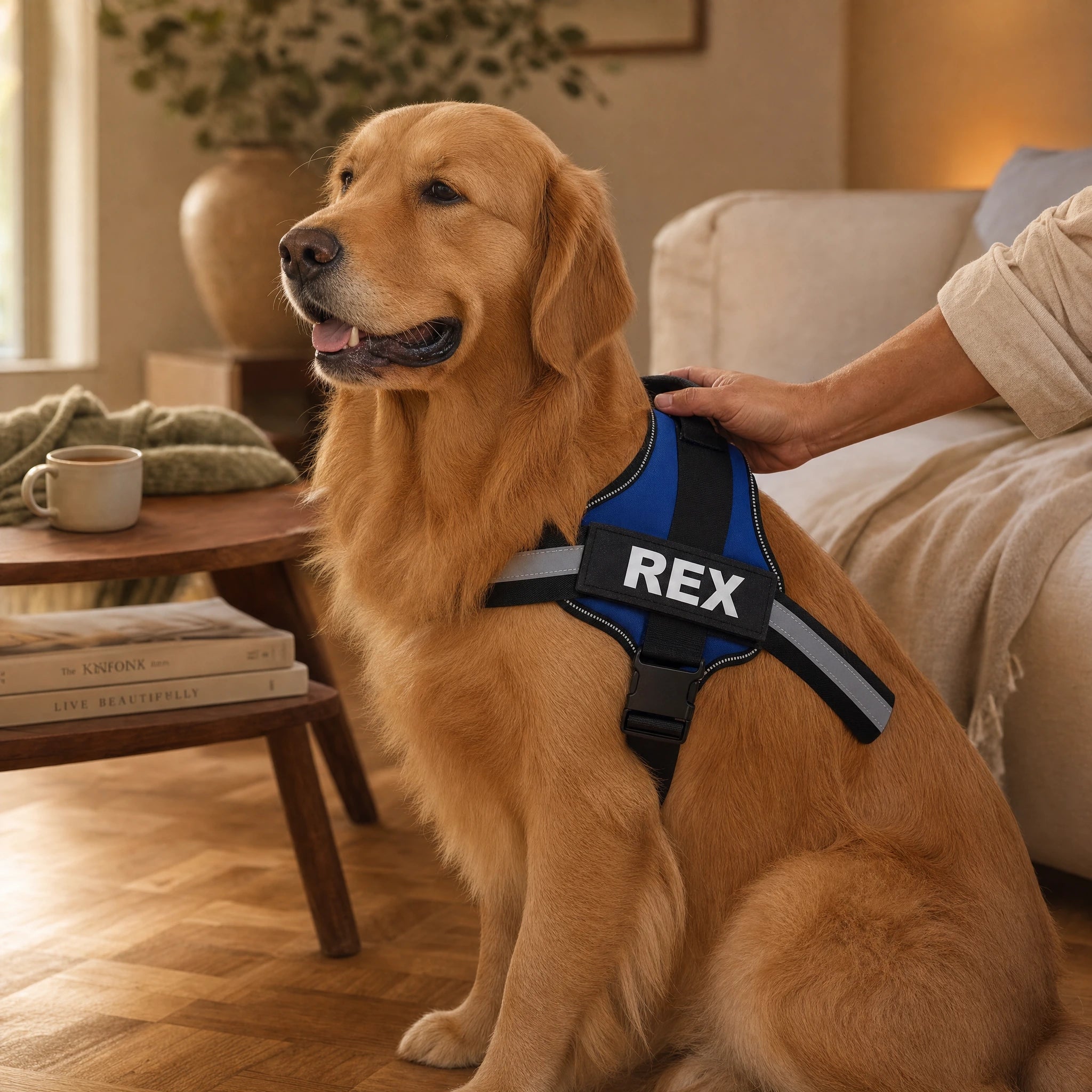 Cane con pettorina personalizzata seduto in casa con il proprietario
