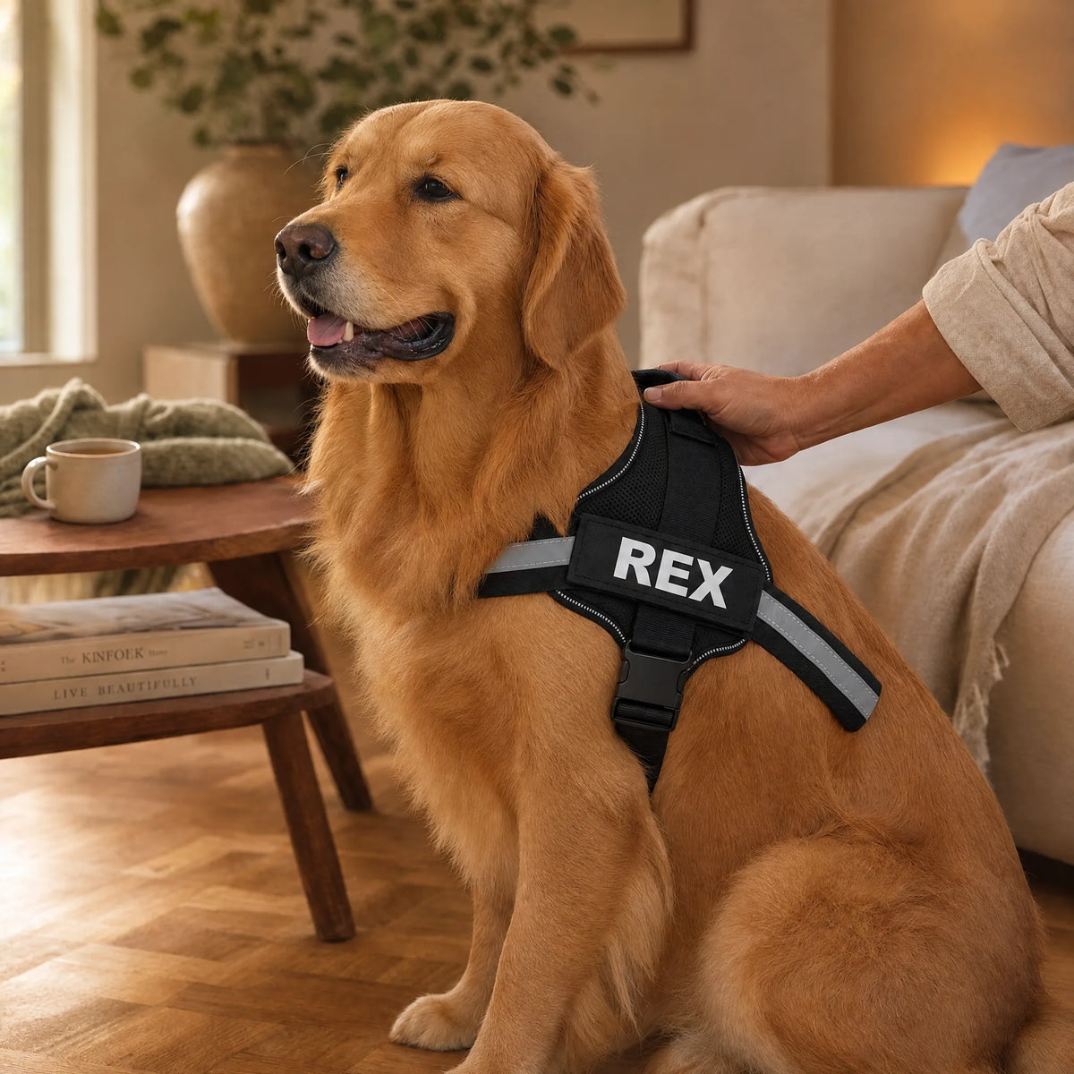 Cane seduto in salotto con la pettorina personalizzata color nero e nome ricamato