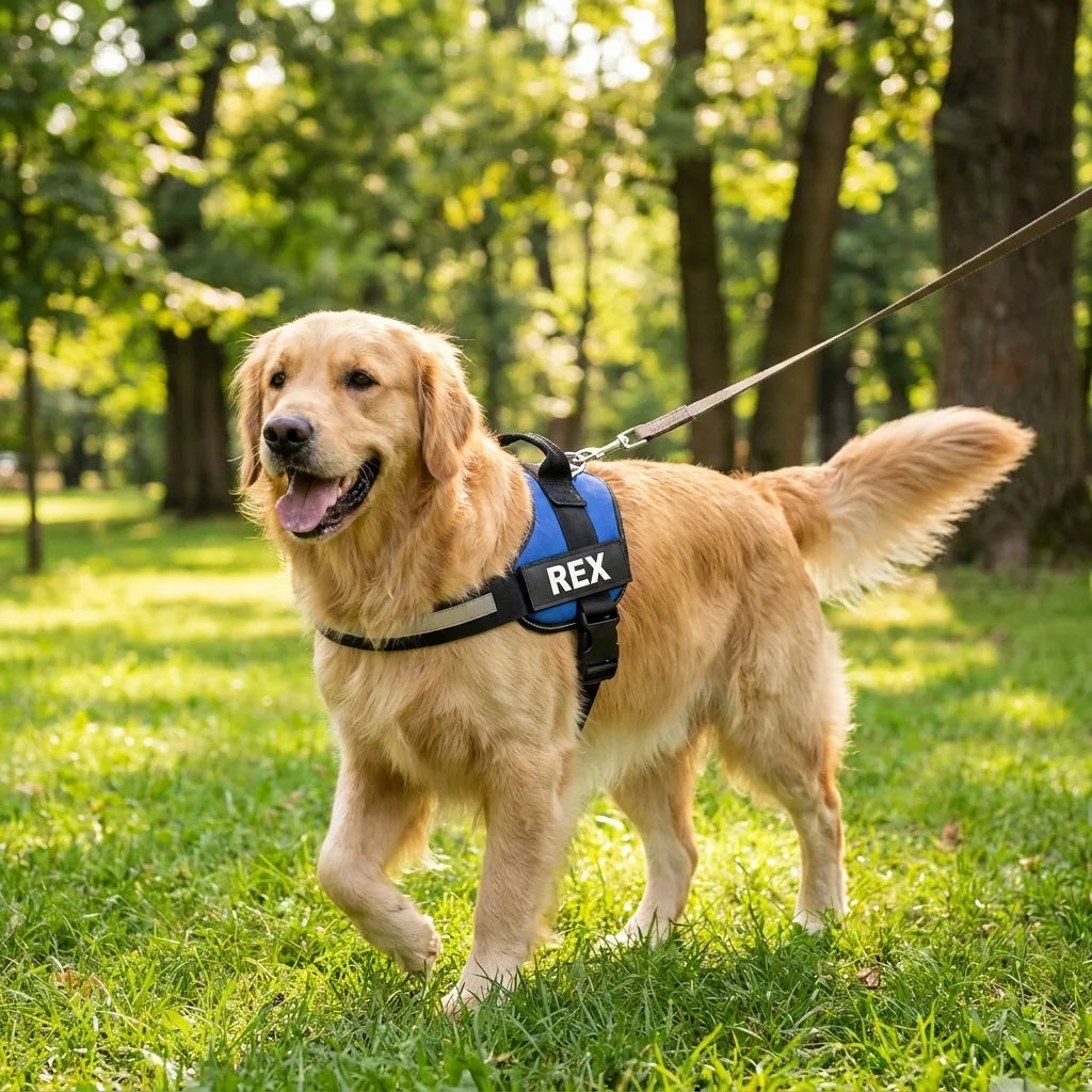 Cane con pettorina personalizzata e nome ricamato passeggia al parco