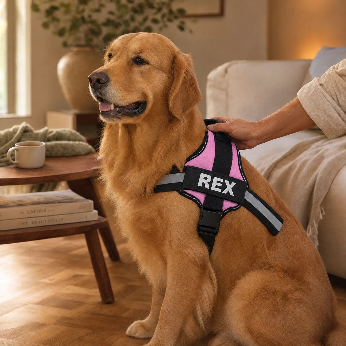 Cane seduto in salotto con la pettorina personalizzata rosa e nome ricamato