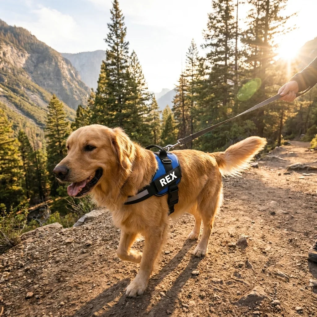 Cane con pettorina personalizzata anti-trazione durante una escursione in natura