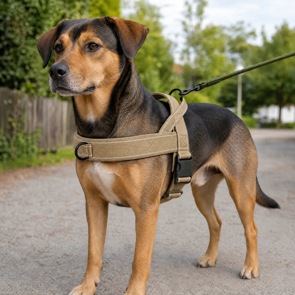 Cane al parco con pettorina tattica khaki anti trazione